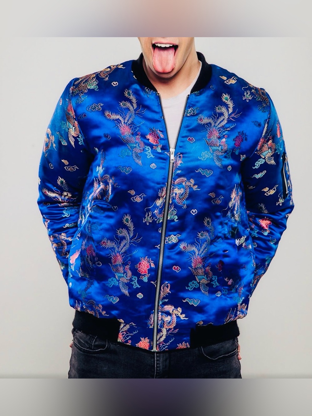 Dolls Kill Blue Satin Dragon Bomber Jacket - Men's Stylish Coat